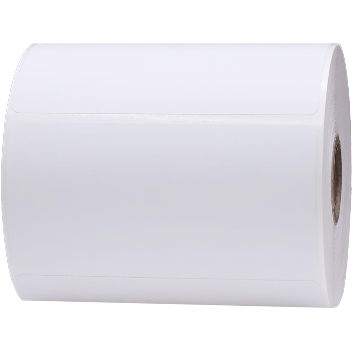 White 1-inch core shipping and handling labels with perforations, thermal paper, and permanent adhesive for thermal printers.
