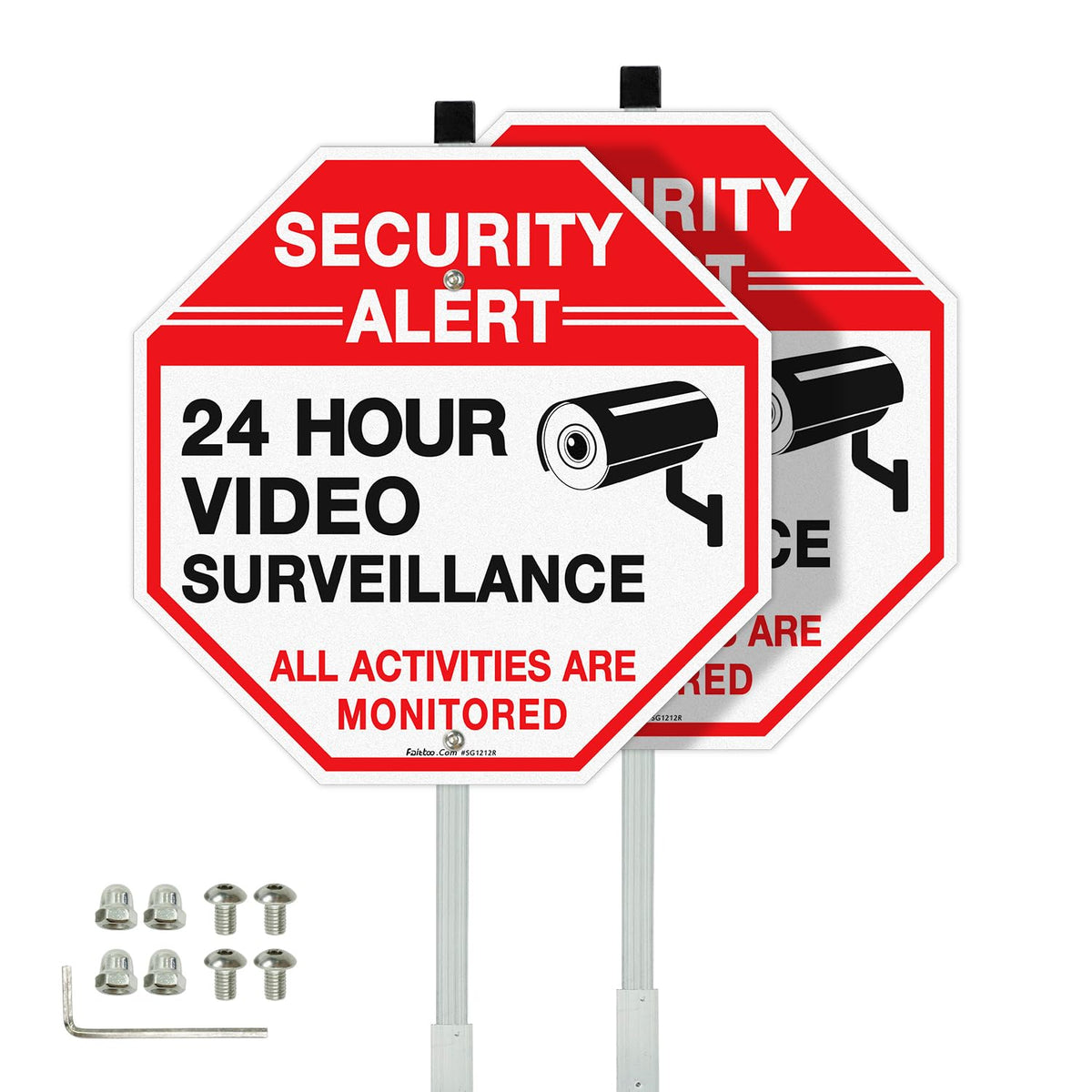 Faittoo Security Sign Video Surveillance Sign with 36" Stake for Outside, 2-Pack 12"x12" Rust Free Heavy Aluminum, Reflective, Fade Resistant, 2 pre-drilled holes, Includes Matching Screws & Wrench, 12"x12" - 2 Pack with 36" Stake