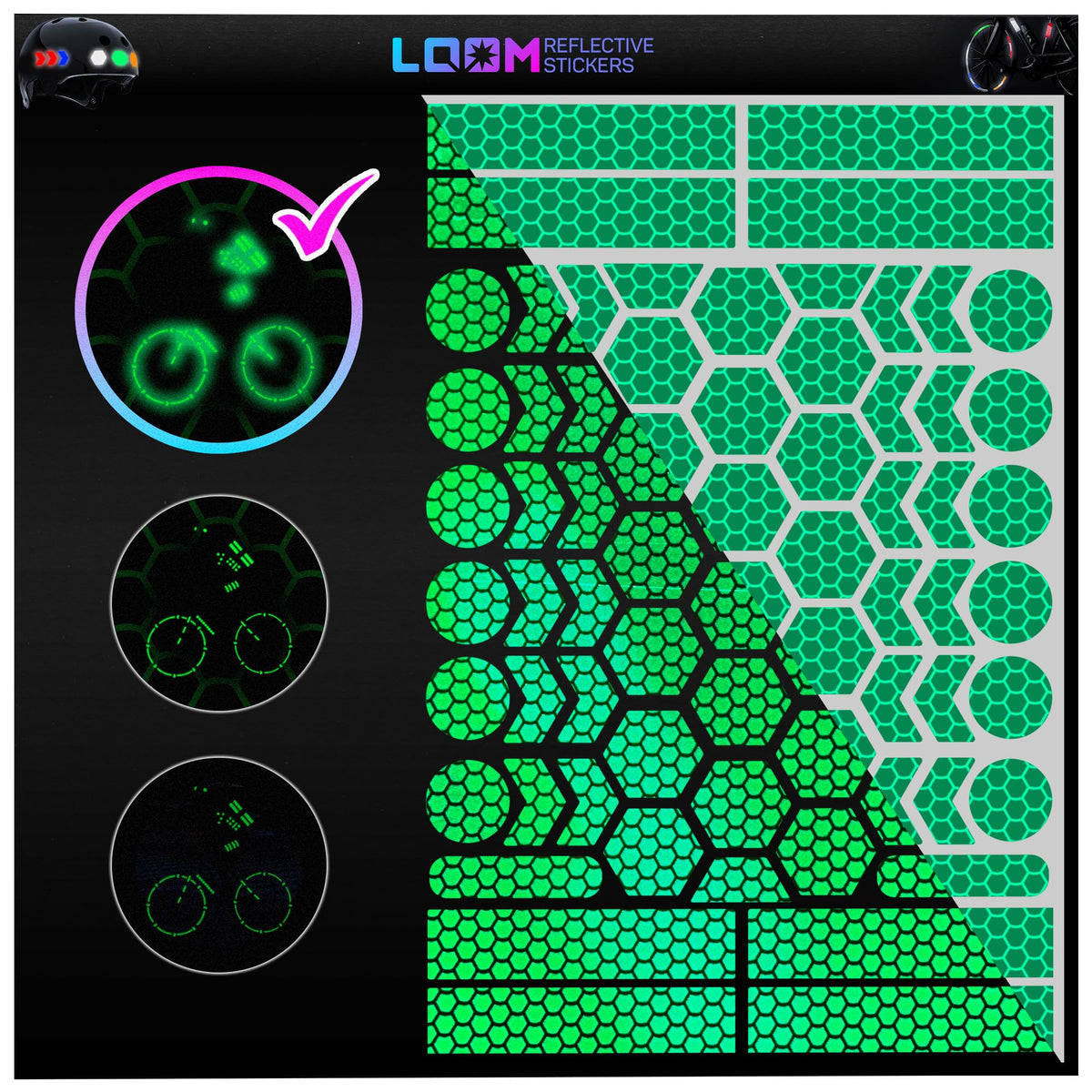 LOOM® Reflective Stickers for Bikes & Helmets | 67pc Brilliant, Green Brilliant-green