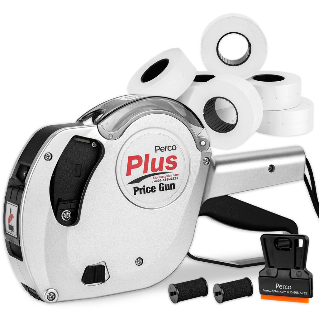 Perco Plus 1-Line Price Marking Gun with Labels Kit - Compares to Monarch 1131-01 Band Includes 1-Line 8-Character Band Price Labeler Gun, 9,000 Blank White Labels, a Label Scraper, and an Extra Inker Price Gun Kit