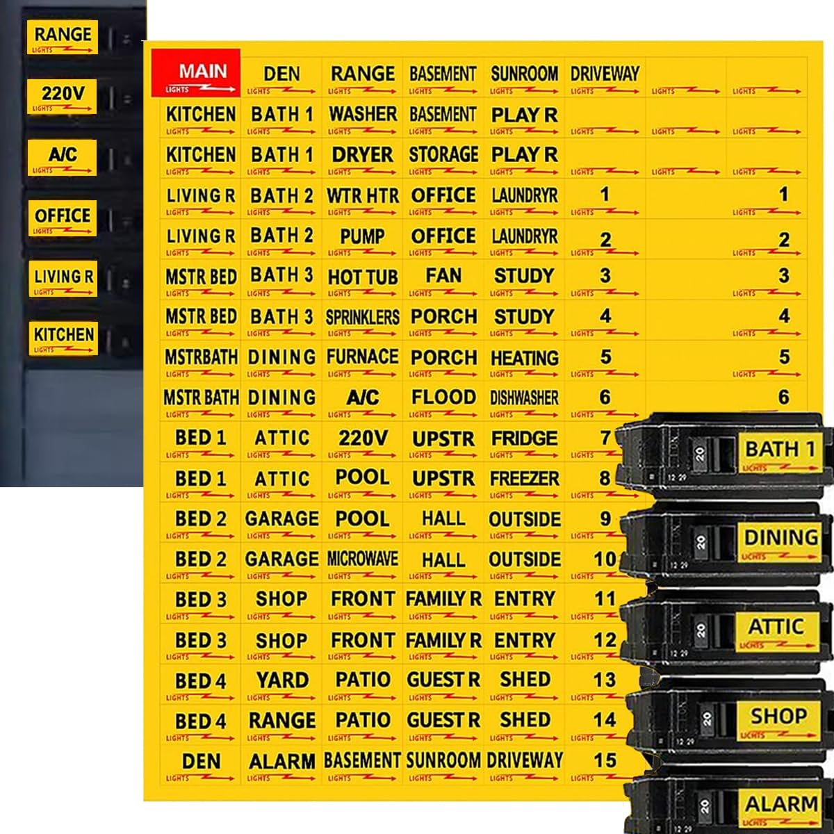Yellow circuit breaker labels for electrical panels, GSNYSAN industrial labels with easy-to-read fuse box stickers.