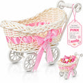 POPETPOP Mini Wicker Baby Carriage Decor, Pink Rattan Mini Shopping Basket