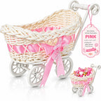POPETPOP Mini Wicker Baby Carriage Decor, Pink Rattan Mini Shopping Basket
