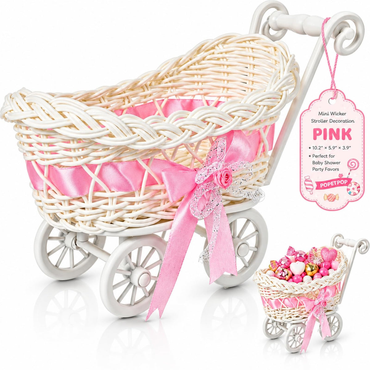 POPETPOP Mini Wicker Baby Carriage Decor, Pink Rattan Mini Shopping Basket
