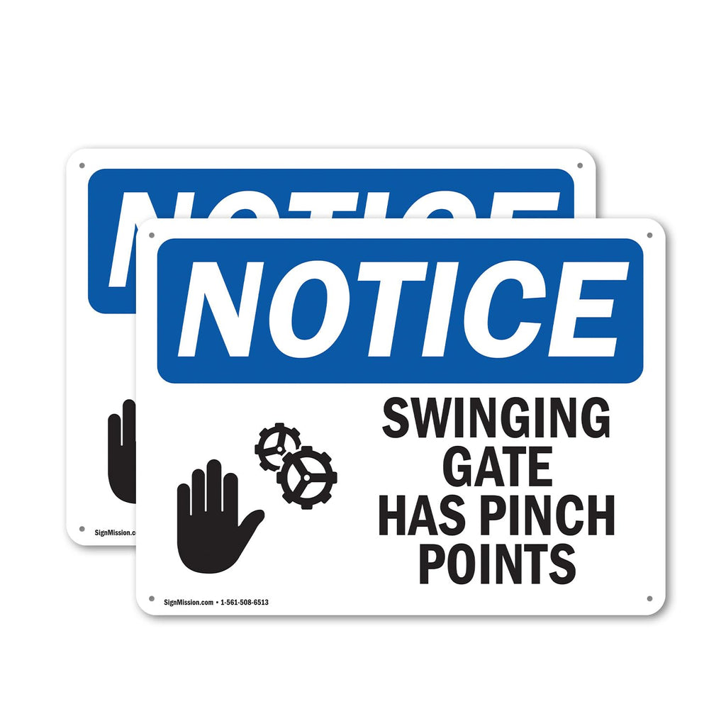 (2 Pack) Swinging Gate Has Pinch Points OSHA Notice Sign 10 Inch X 7 Inch Indoor/Outdoor Rust-Free Aluminum Metal Signs for Workplace, Workshop, and Construction Site, Made in the USA