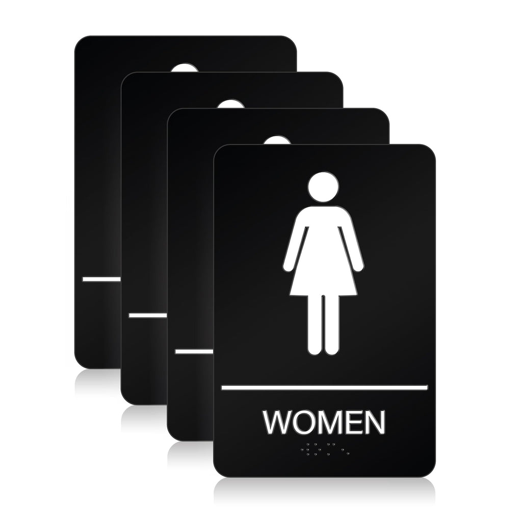 Womens Restroom Sign, ADA Compliant Braill Sign with Double Sided 3M Tape Women Pack of 4