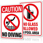 14x10″ No Diving Pool Sign, No Glass Allowed Sign, 2 Pack, PSP-2402 No Diving & No Glass