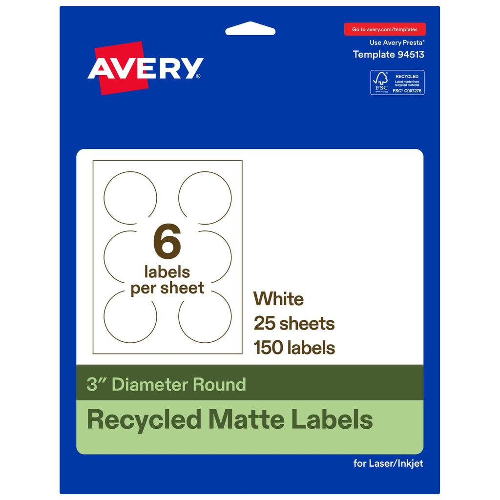 Avery EcoFriendly Matte White Recycled Round Labels, 3" Diameter, Print-to-The-Edge, Matte White Labels, Permanent Adhesive, Laser/Inkjet Printable, 150 Total Recycled Matte White Paper 150 labels