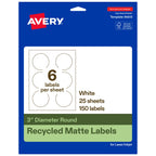 Avery EcoFriendly Matte White Recycled Round Labels, 3" Diameter, Print-to-The-Edge, Matte White Labels, Permanent Adhesive, Laser/Inkjet Printable, 150 Total Recycled Matte White Paper 150 labels