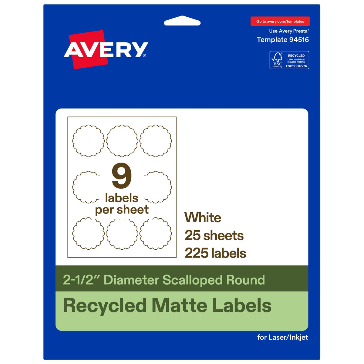 Avery EcoFriendly Matte White Recycled Round Scalloped Labels, 2.5" Diameter, Print-to-The-Edge, Matte White Labels, Permanent Adhesive, Laser/Inkjet Printable, 225 Total 225 labels