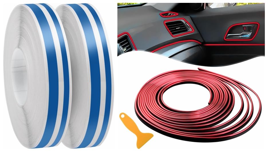 Spurtar 2 Rolls x 33Ft Car Pinstriping Tape Blue & 16.4ft/5M Car Interior Trim Strips Red