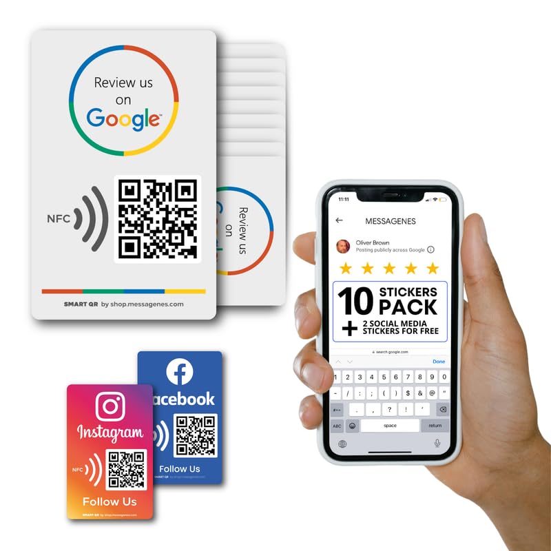 MESSAGENES | Review Us on Google QR Code Stickers | Reusable Smart QR Code and NFC | Pack 10 Units | Rectangular 3.39" x 2.17" | Modify Link Whenever You Want | Google Decal Business