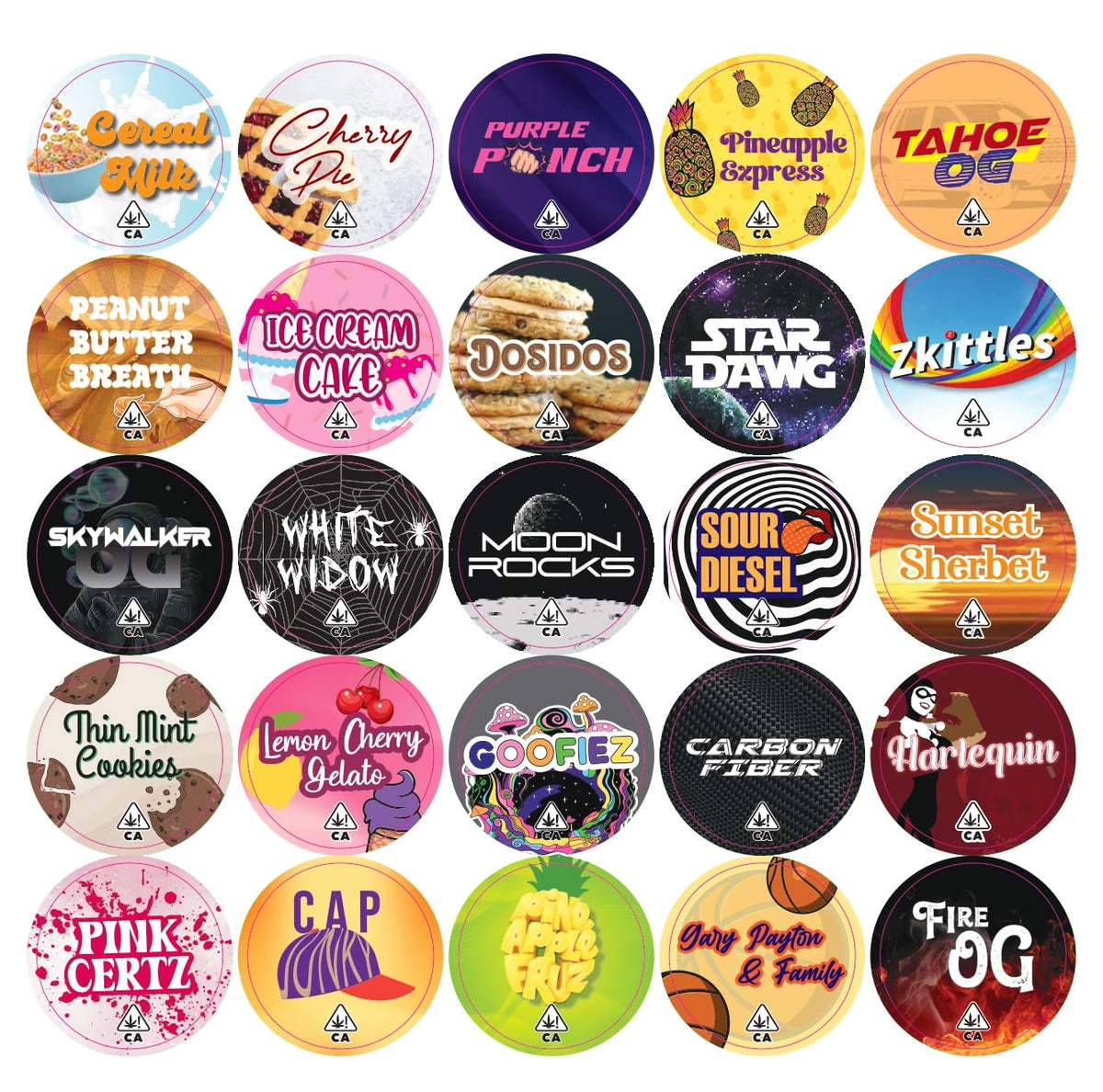 Strain Label Stickers for 9ml Jars (1.5inch Diameter) | 25 Unique Designs | 10 Stickers Each Design | Total 250 Stickers (GJS-1)