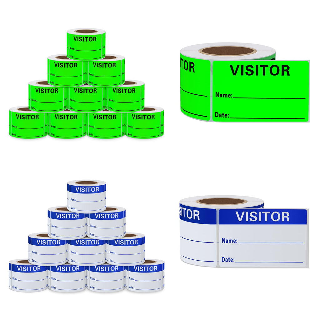 Visitor Pass Labels Name Identification Stickers 2×3 Inch, 10 Rolls Per Color（Fluorescent Green & Blue） 20 Rolls Total 6000 Stickers