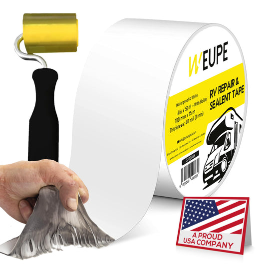 RV Sealant Tape with Roller, White, 4 Inch x 50 Feet, Roof Patch Repair Tape, Roofing Tape for RV, Waterproof Leak Tape for RV Puncture, Boat Sealing, Canopy, Camper, Greenhouse and Tarpaulin 4in x 50ft with Roller - White