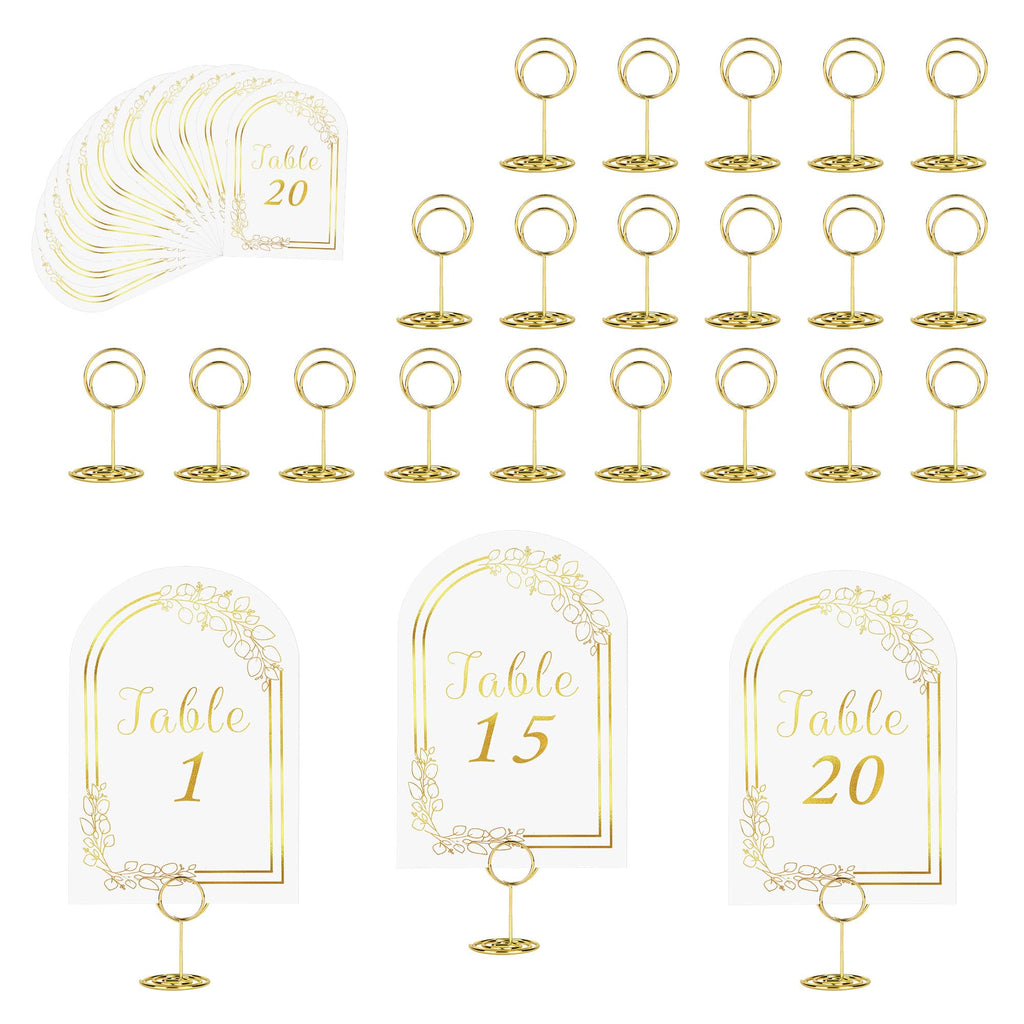 JOYIT 20 Sets Wedding Table Numbers 1-20 with 20 Pcs Table Number Holders White Gold 20 Cards+20 Holders(Round)