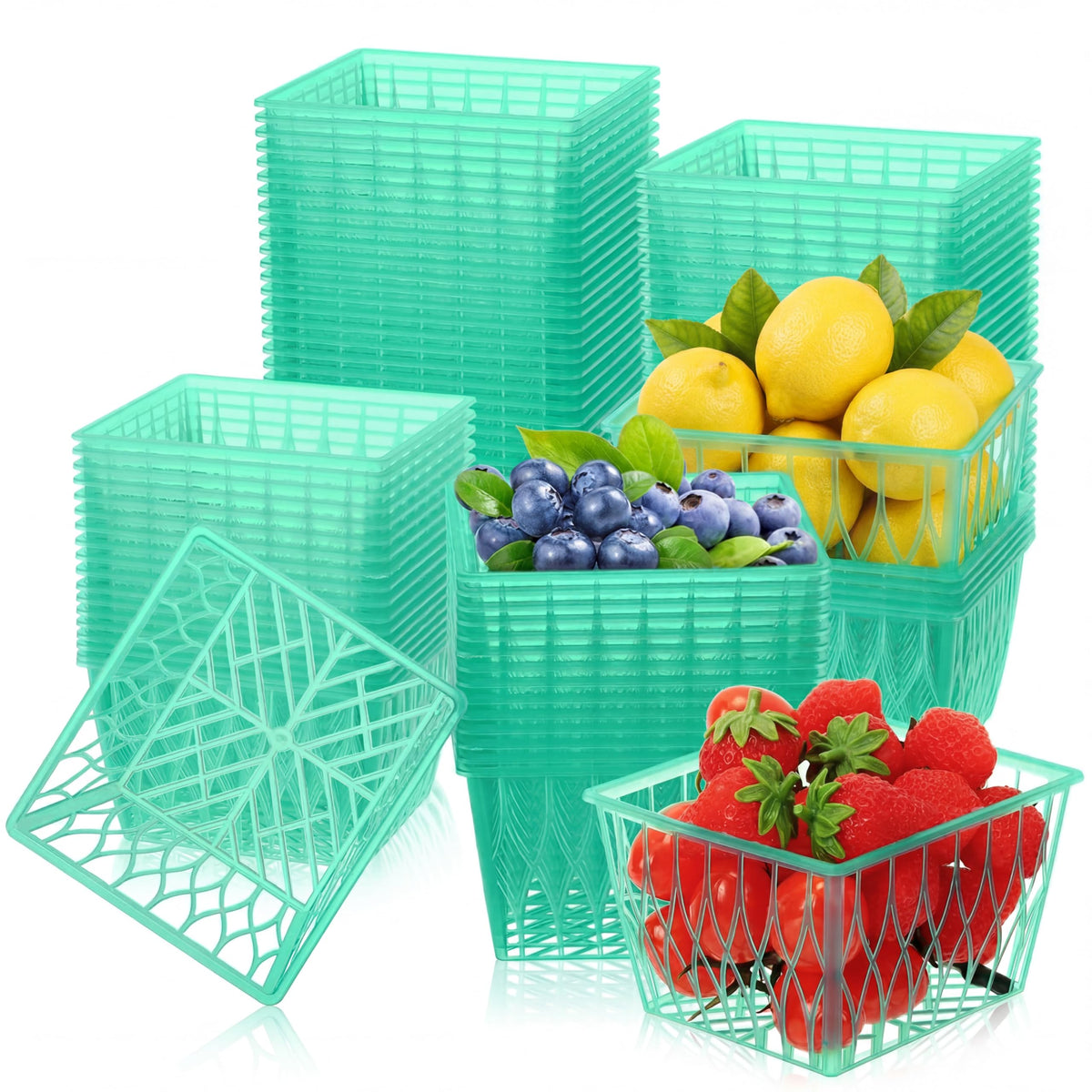100 Pcs Pint Size Plastic Berry Baskets Green Open Weave 100