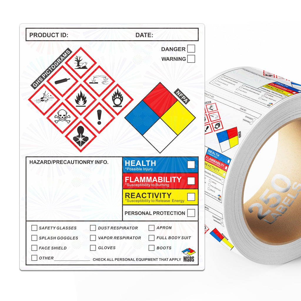 Roll of 250 SDS label stickers, 4x3 inches, with GHS pictograms, OSHA data, and perforated edges for chemical safety labeling.