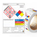 Roll of 250 SDS label stickers, 4x3 inches, with GHS pictograms, OSHA data, and perforated edges for chemical safety labeling.