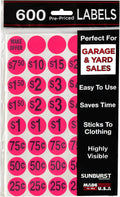 Sunburst Systems 7030 Pre-Priced Garage Sale Stickers (Labels),600 Count, Pink (Pack of 5) 600 Ct. (Pack of 5)