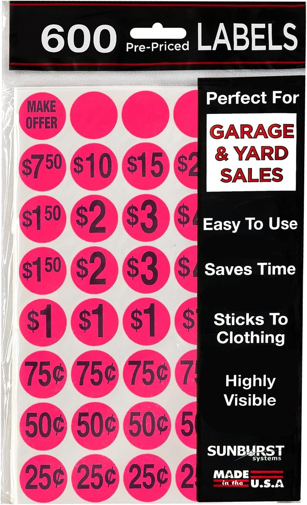 Sunburst Systems 7030 Pre-Priced Garage Sale Stickers (Labels),600 Count, Pink (Pack of 5) 600 Ct. (Pack of 5)