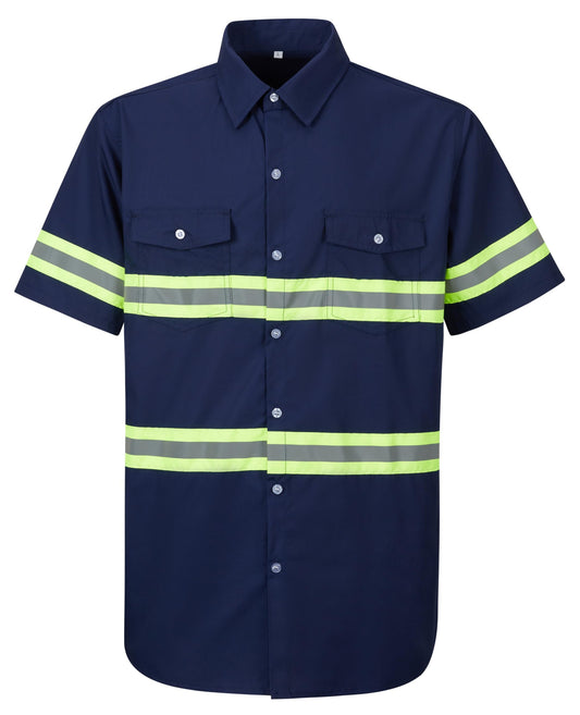 Ousafeve Class 3 Hi Vis Button Up Safety Work Shirts for Men Reflective Medium Navy_short
