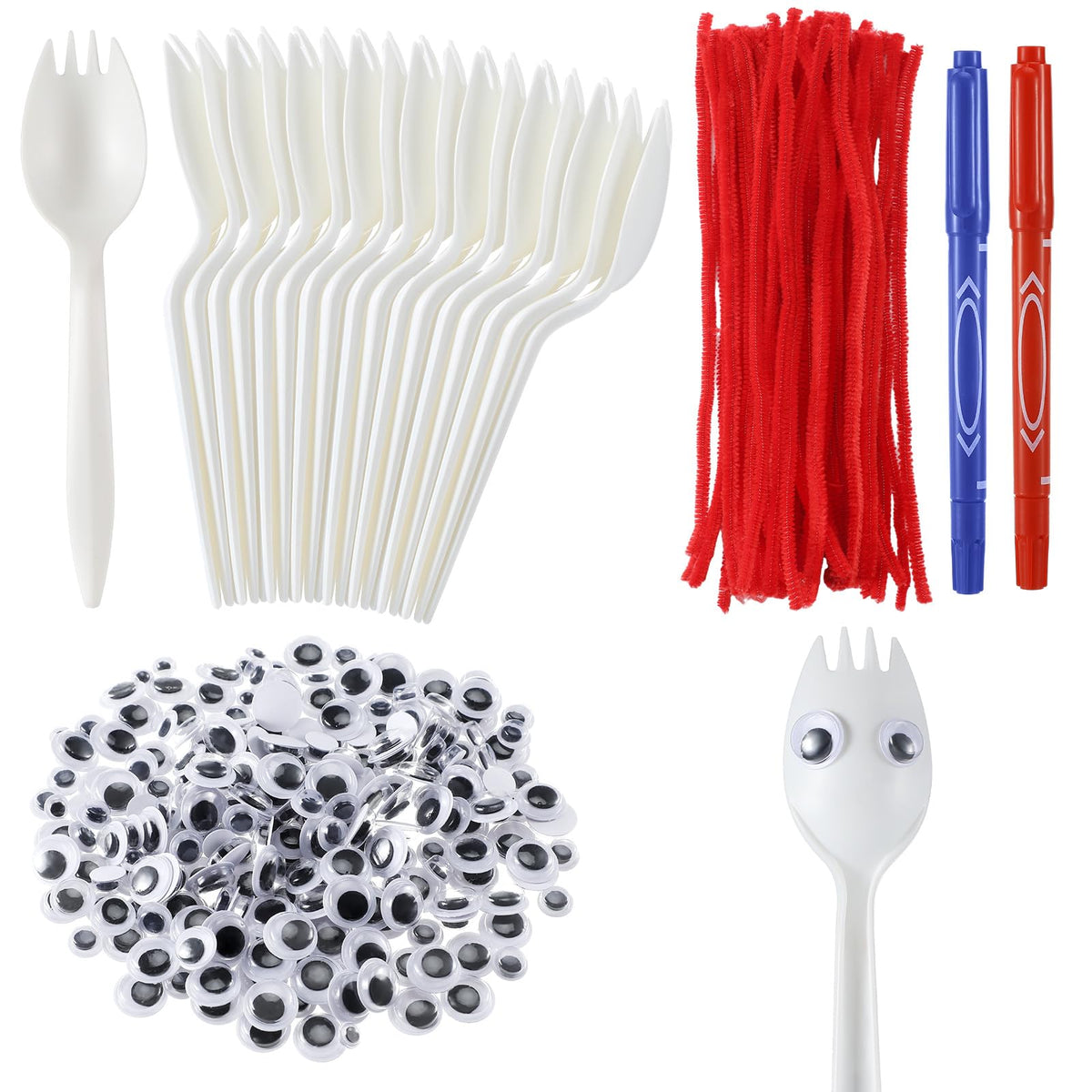 Relaxgiant 50 Set Fork Craft Kit DIY Disposable Creativity Sporks Red Pipe Cleaners Self Adhesive Wiggle Googly Eyes Make Your Own Craft Kit 202