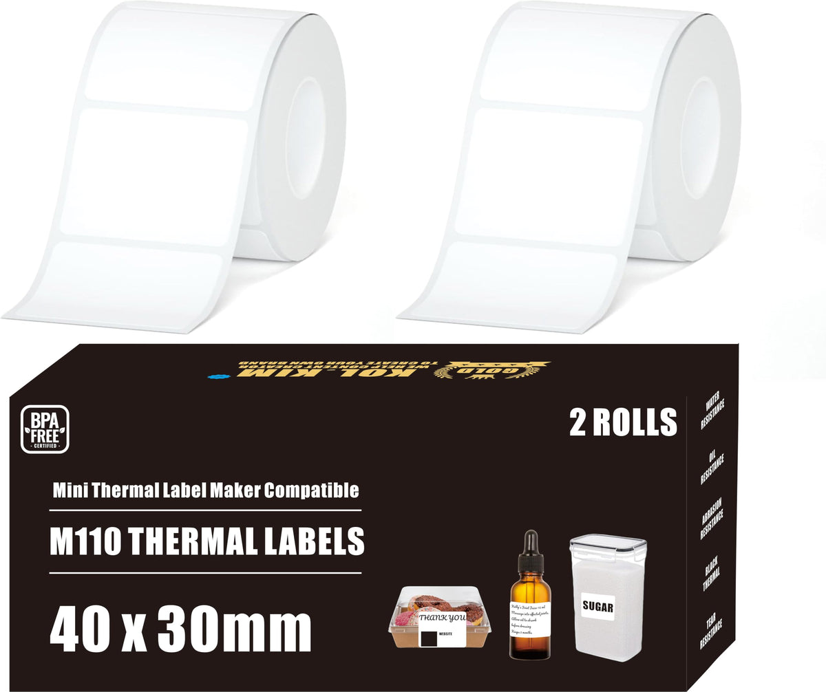 M110 Thermal Labels, 1.57''x1.18'' Compatible for Phomemo Printer M110 M220 M200 M120 M221 Labels Print Master Refill for NADA Print N20 Label Refill Clabel 221B 40x30mm 2 Rolls White 40x30mm White 2 Rolls