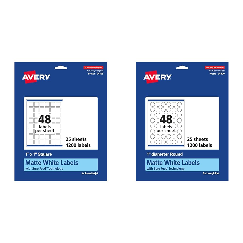 Avery Matte White Square & Round Labels, 1" x 1" & 1" Diameter, 1,200 Printable Labels