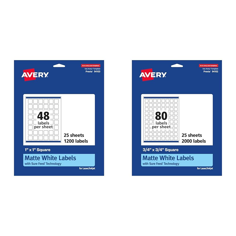 Avery Matte White Square Labels Bundle with Sure Feed - 1" x 1" 1,200 Labels & 3/4" x 3/4" 2,000 Labels