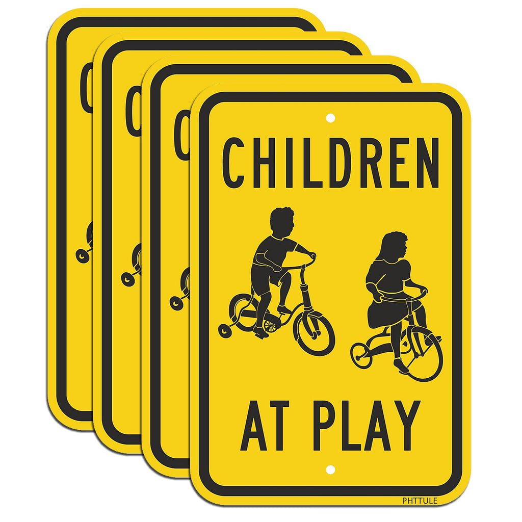 Slow Children at Play Signs 4 Pack, Slow Down Kids Playing Signature 18”x12” Rust Free .040 Aluminum, Fade Resistant Security Drive Slow Signs Black and Yellow G04