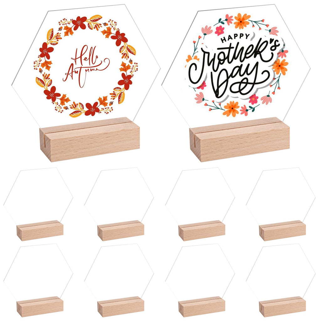 Framendino, 10 Pack Hexagon Acrylic Table Sign with Wood Stand DIY Wedding Signs Blank Holder Numbers Base for Party Decor