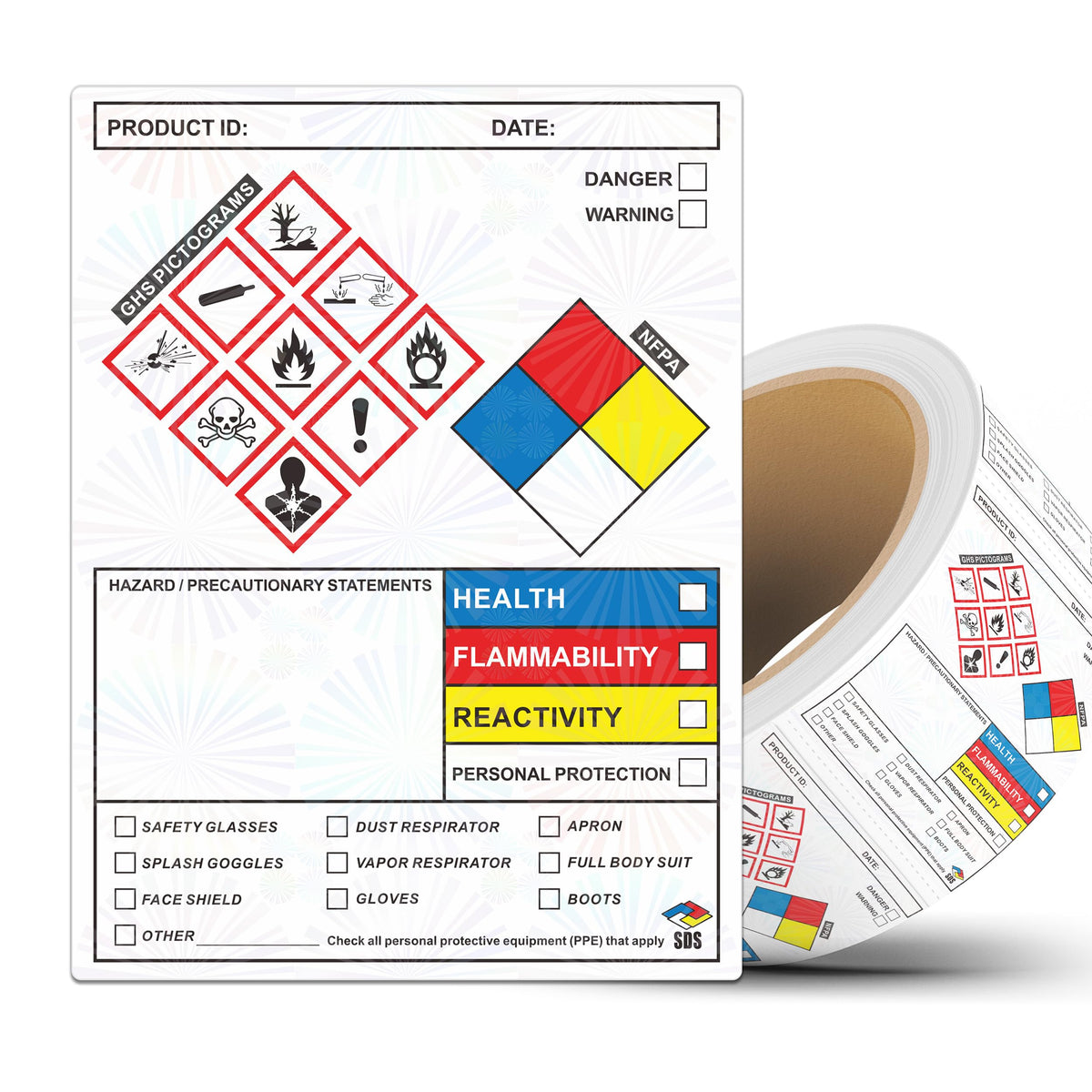 SDS OSHA Data Labels 4 x 3 Inches, Roll of 250 Stickers for Chemical Safety, GHS Pictograms & Perforated Edges, HMIS & Hazard Compliant, Secondary Containers SDS Label