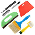 LOQJSS wallpaper smoothing tool kit with 15 pieces including brushes, squeegees, and seam rollers for applying peel and stick wallpaper.