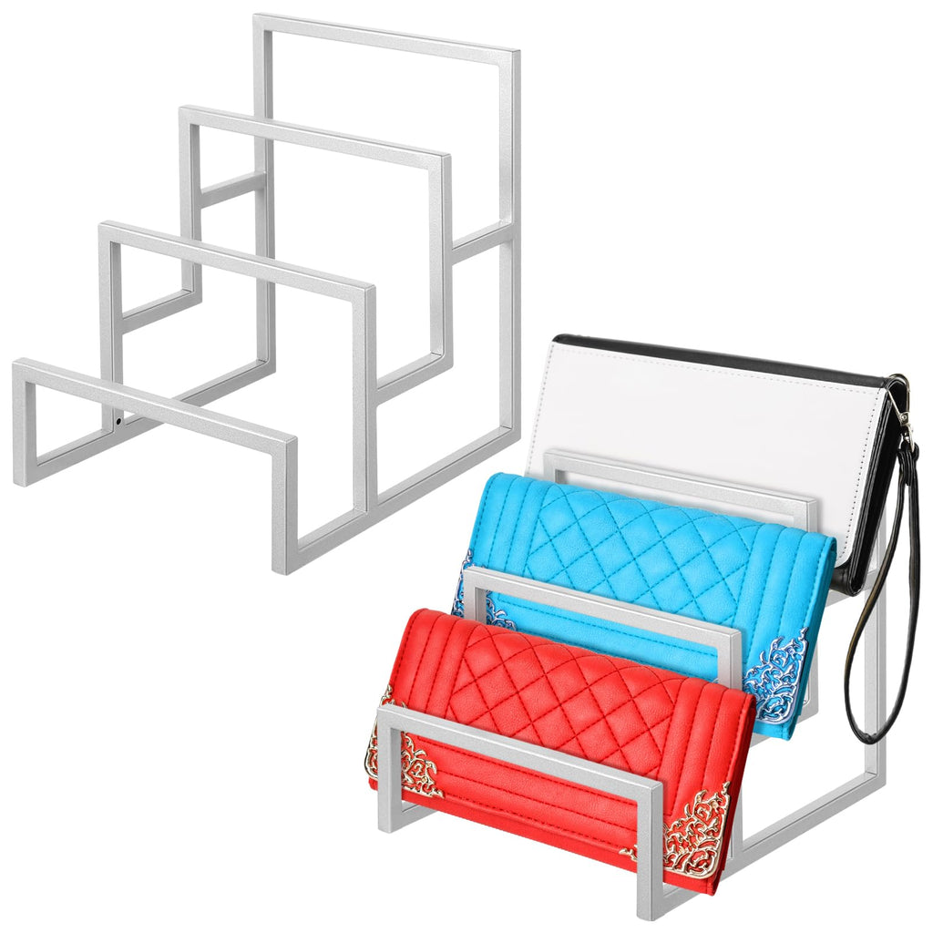 DoubleFill 2 Pack Purse Organizer for Closet Display 3 Layer Riser Stand Silver