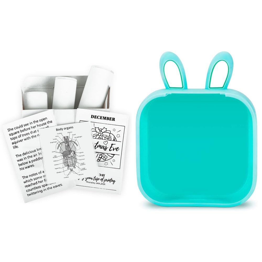 Memoking T02/M02X/M02L White Thermal Paper-10-Year Sticky 50mmx3.5m for Journal Photo Texts Study Notes and More, 3 Rolls and T02 Bunny Case