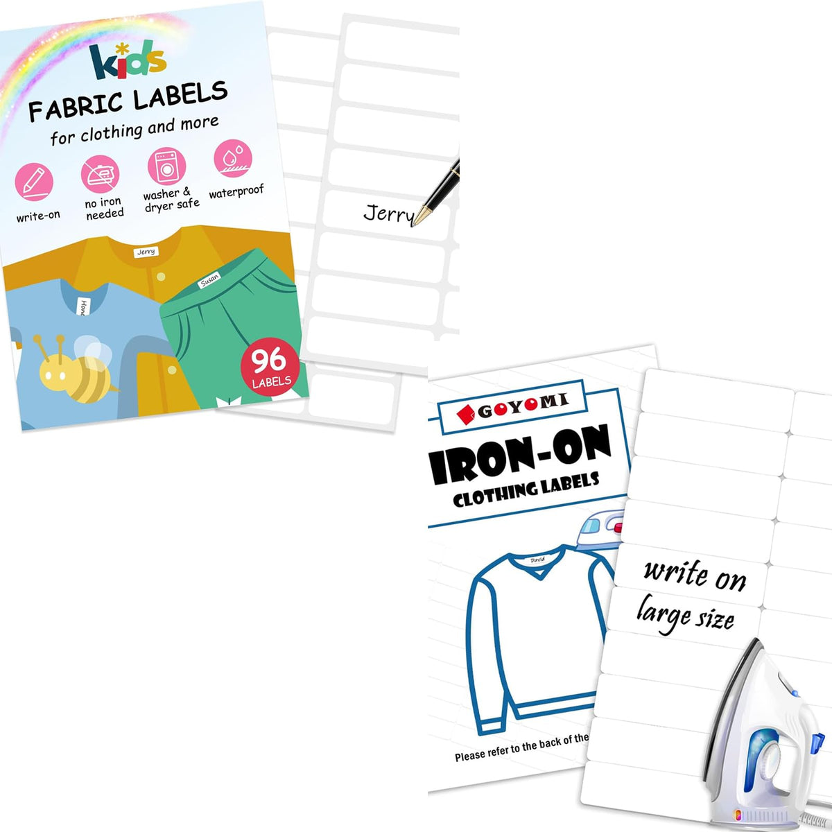 96 Pcs No-Iron Fabric Labels, and 100 Pcs Iron on Clothing Labels