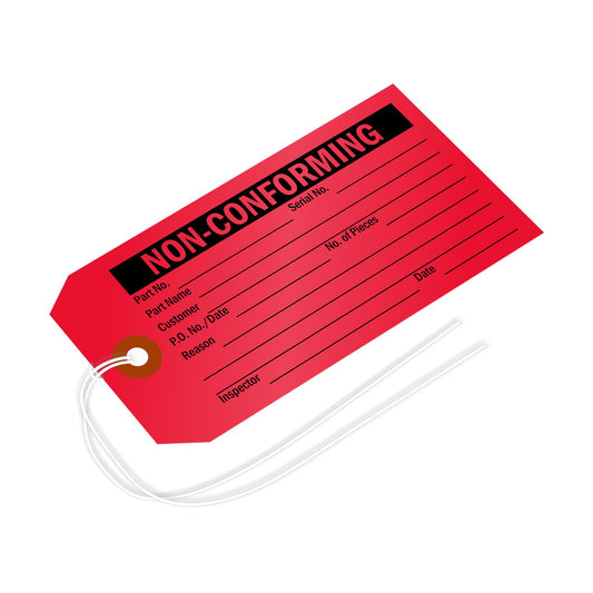 SmartSign (Pack of 50) Non-Conforming Inspection Tags with Fiber Patch and Strings, 4.75" x 2.375", 13pt Thick Cardstock, Black on Red, Made in USA