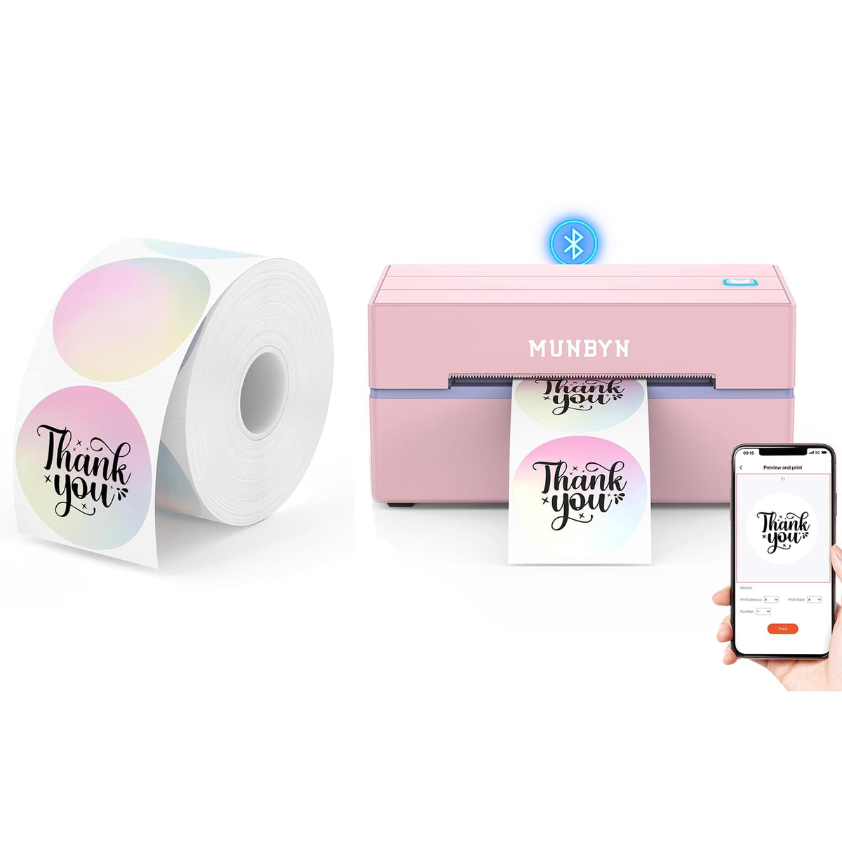 MUNBYN 2 Inch Circle Thermal Sticker Labels and Bluetooth Thermal Label Printer