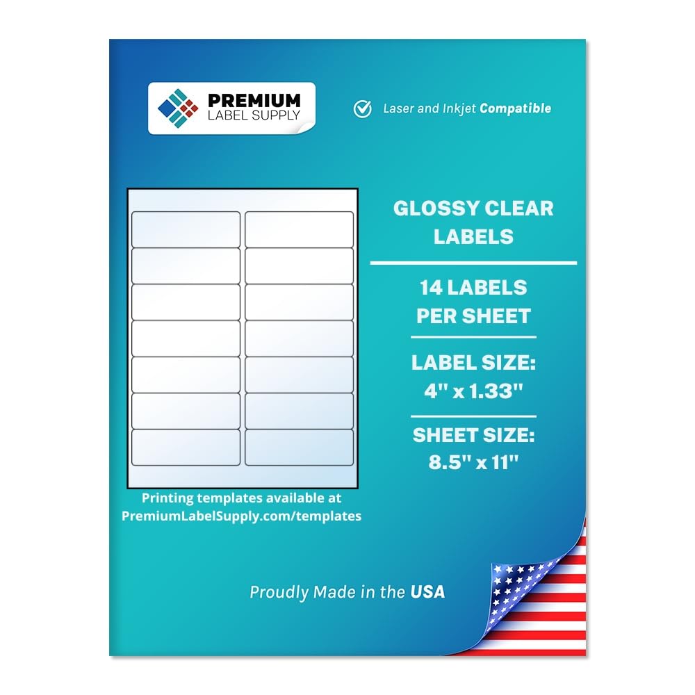 Premium Label Supply Glossy Clear Mailing Labels – 4" x 1.33" – Laser/Inkjet Compatible – (14 per Sheet), 10 Sheets – 140 Total Adhesive Labels 140 Labels