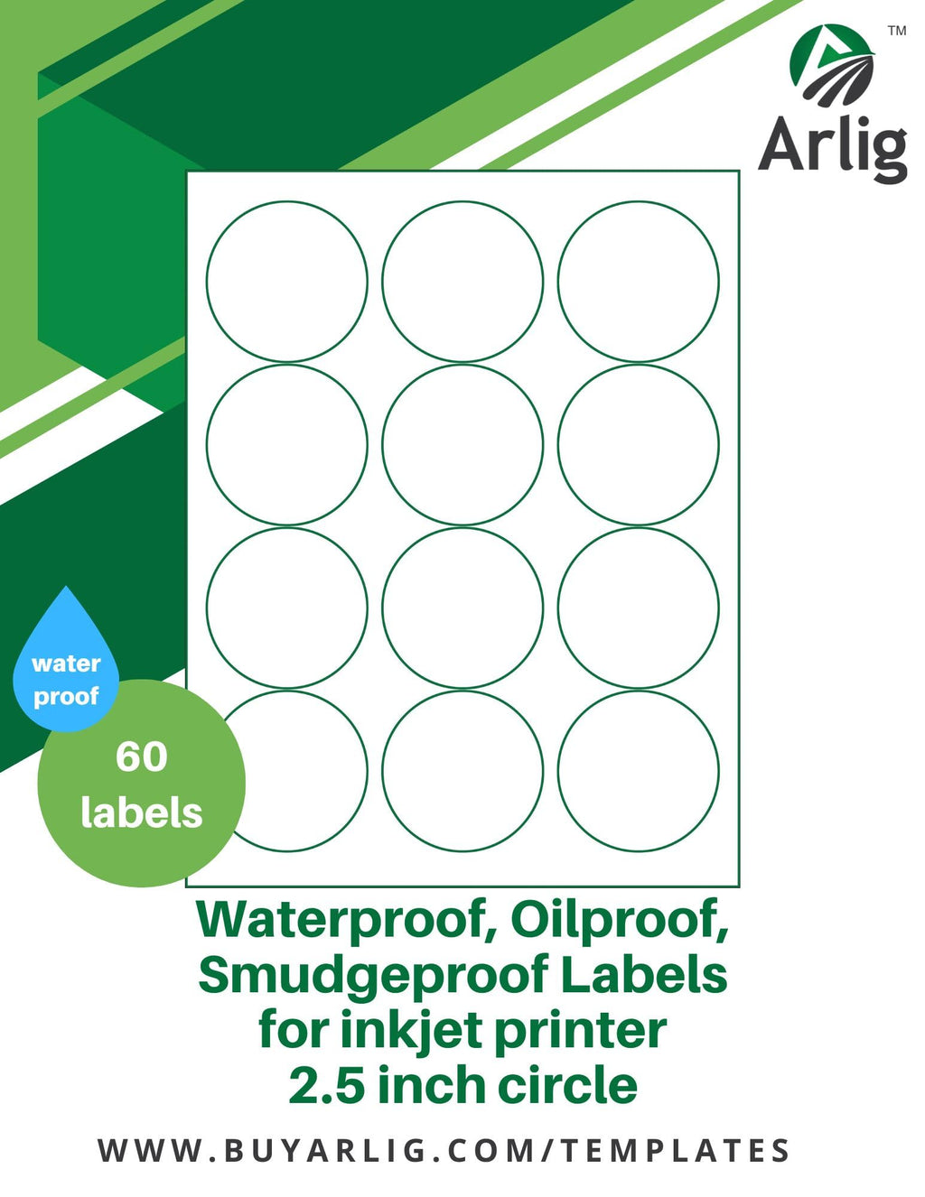 Arlig Waterproof Round Labels 2.5 Inch for Bottles, Jars, Candles, Food & Small Business Packaging, Smudge-Proof & Oil-Proof, 60 Matte Labels (5 Sheets, 12/Sheet), Inkjet Durable Stickers