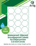Arlig Waterproof Round Labels 2.5 Inch for Bottles, Jars, Candles, Food & Small Business Packaging, Smudge-Proof & Oil-Proof, 60 Matte Labels (5 Sheets, 12/Sheet), Inkjet Durable Stickers