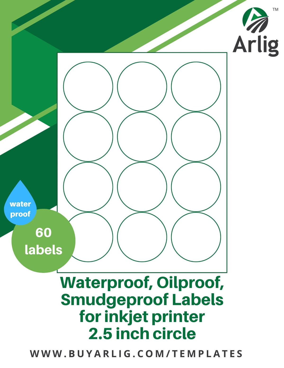 Arlig Waterproof Round Labels 2.5 Inch for Bottles, Jars, Candles, Food & Small Business Packaging, Smudge-Proof & Oil-Proof, 60 Matte Labels (5 Sheets, 12/Sheet), Inkjet Durable Stickers