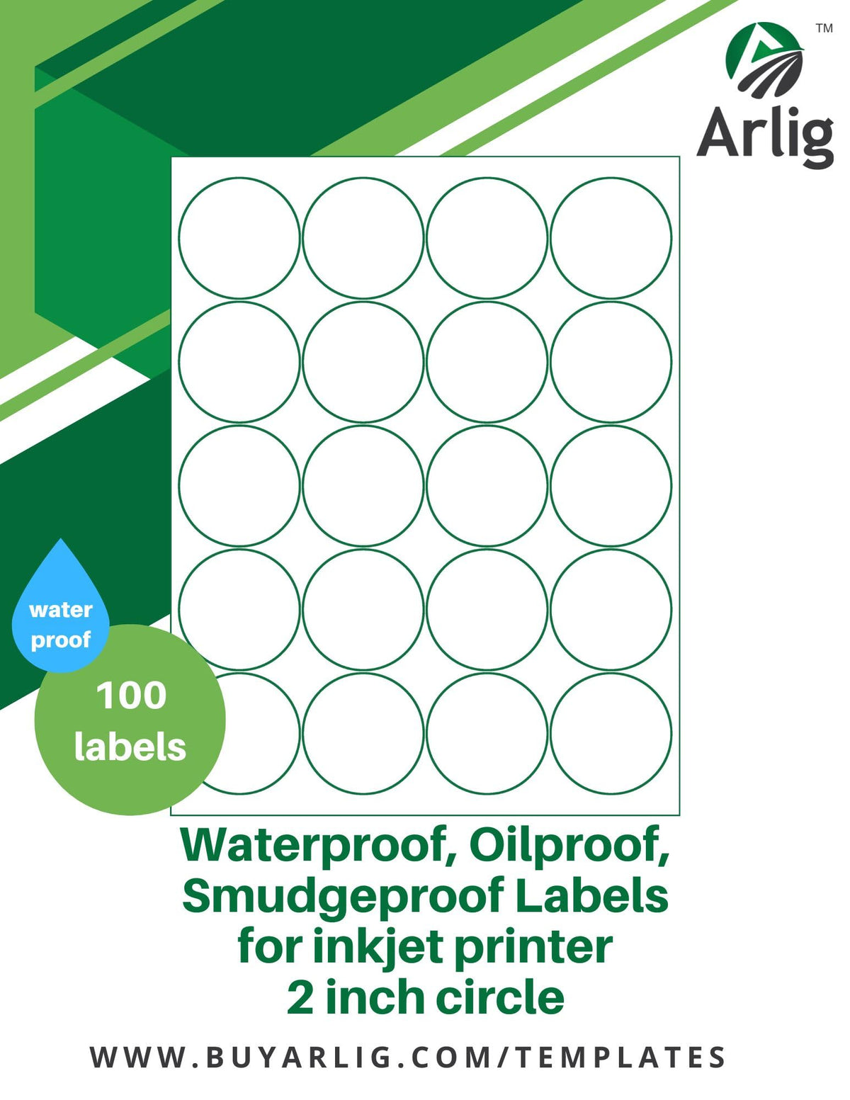 Arlig 2-inch Circle Waterproof Labels for Inkjet Printers – Smudge-Proof, Oil-Proof for Bottles, Food, Pantry, Lip Gloss, Essential Oils, and Jars | 100 Labels (5 Sheets, 20/Sheet) (Matte)