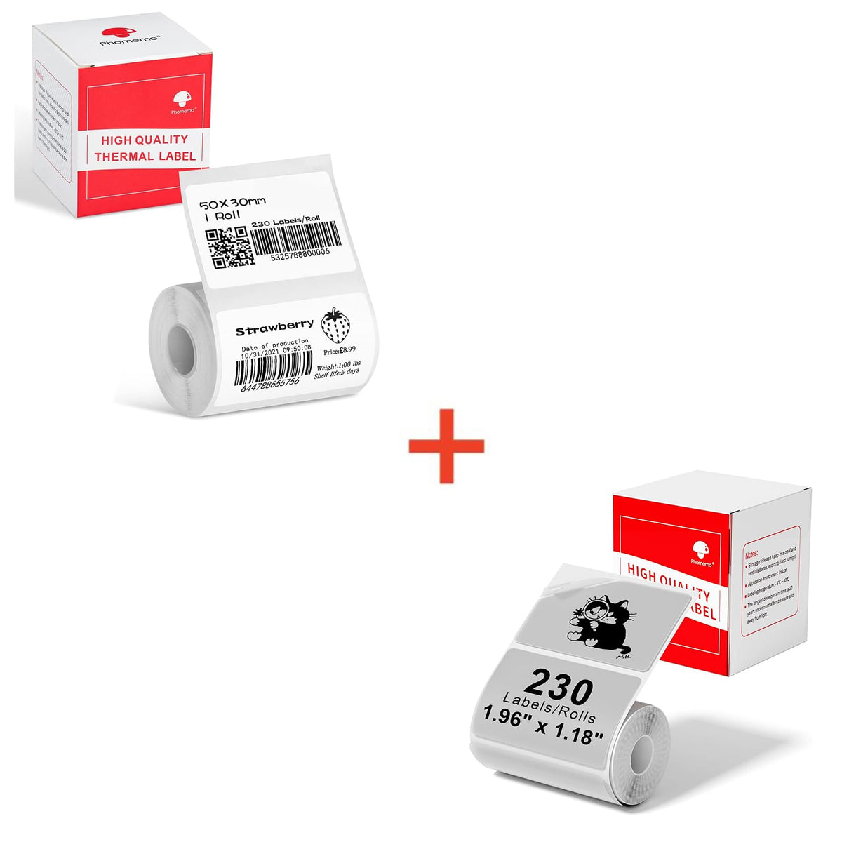 1 Rolls Phomemo Transparent Square Label, 1.96'' x 1.18"(50X 30mm), 230 Labels/Roll & 1 Roll White 1.96'' x 1.18"(50X 30mm) Label, 230 Labels/Roll, Multi-Purpose Self-Adhesive Tag