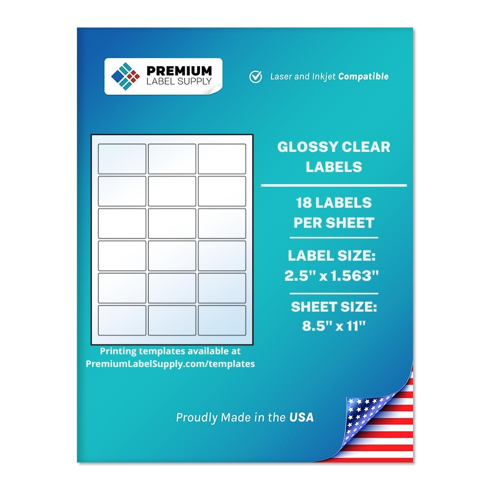 Premium Label Supply Glossy Clear Labels – 2.5" x 1.563" – Laser/Inkjet Compatible – (18 per Sheet), 10 Sheets – 180 Total Adhesive Labels 180 Labels