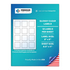 Premium Label Supply Glossy Clear Sticker Square Labels – 2" x 2" – Laser/Inkjet Compatible – (12 per Sheet), 10 Sheets – 120 Total Adhesive Labels 120 Labels
