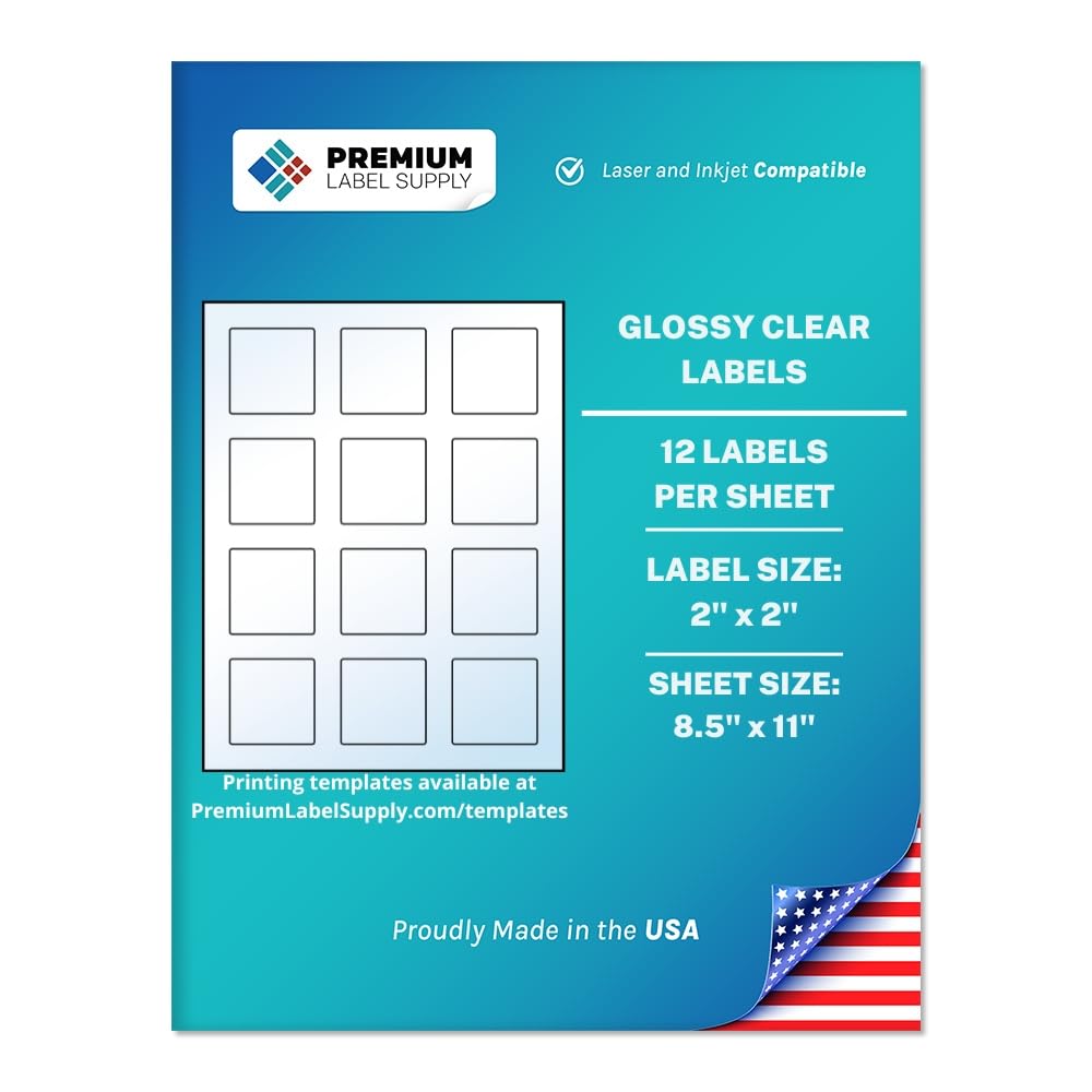 Premium Label Supply Glossy Clear Sticker Square Labels – 2" x 2" – Laser/Inkjet Compatible – (12 per Sheet), 10 Sheets – 120 Total Adhesive Labels 120 Labels
