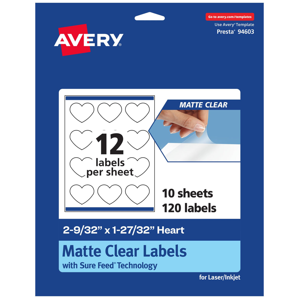 Avery Matte Clear Heart Labels, Sure Feed Technology, 2-9/32" x 1-27/32", 120 Matte Clear Labels, Print-to-The-Edge, Laser/Inkjet Printable 120 labels