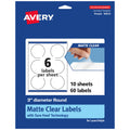 Avery® Matte Clear Round Labels, Sure Feed® Technology, 3" Diameter, 60 Matte Clear Labels, Print-to-The-Edge, Laser/Inkjet Printable 60 labels